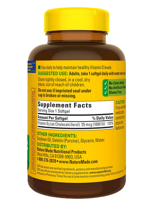 Nature Made - Vitamin D3 25 mcg 650 Viên Nang - Hàng Auth Từ Mỹ